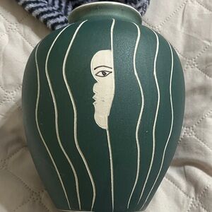 Handmade Matte Dark Green Face Motif Vase